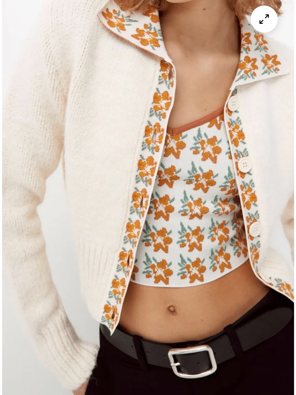 ZARA Cream Cardigan with Orange Floral Trim size S